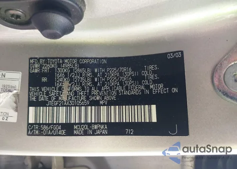 2003 Toyota Highlander V6 from USA, damaged, VIN JTEGF21AX30105659